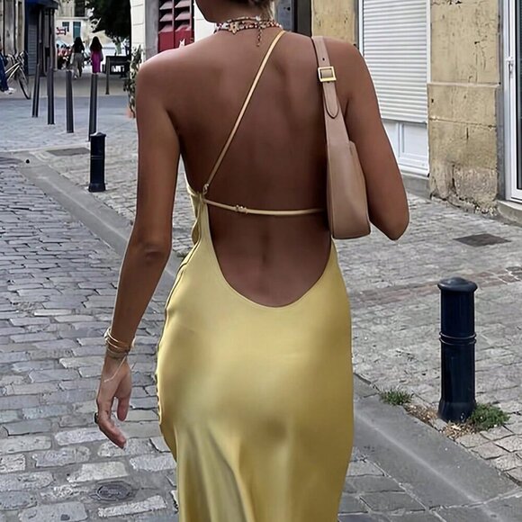 Yellow Sexy Women's Elegant One Shoulder Backless High Slit maxi Dress - Picture 2 of 5